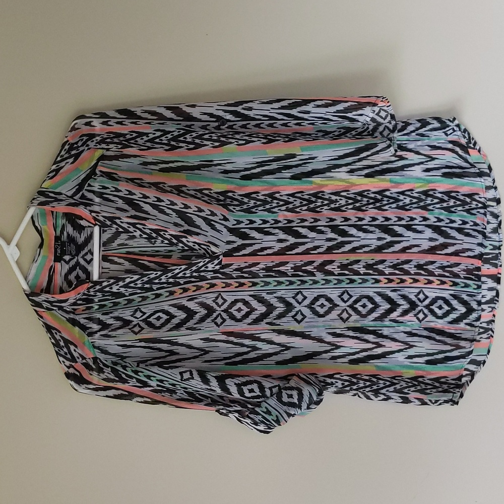 Rue 21 Sheer Mandarin Collar Tab Sleeve Tunic Top S Multicolor